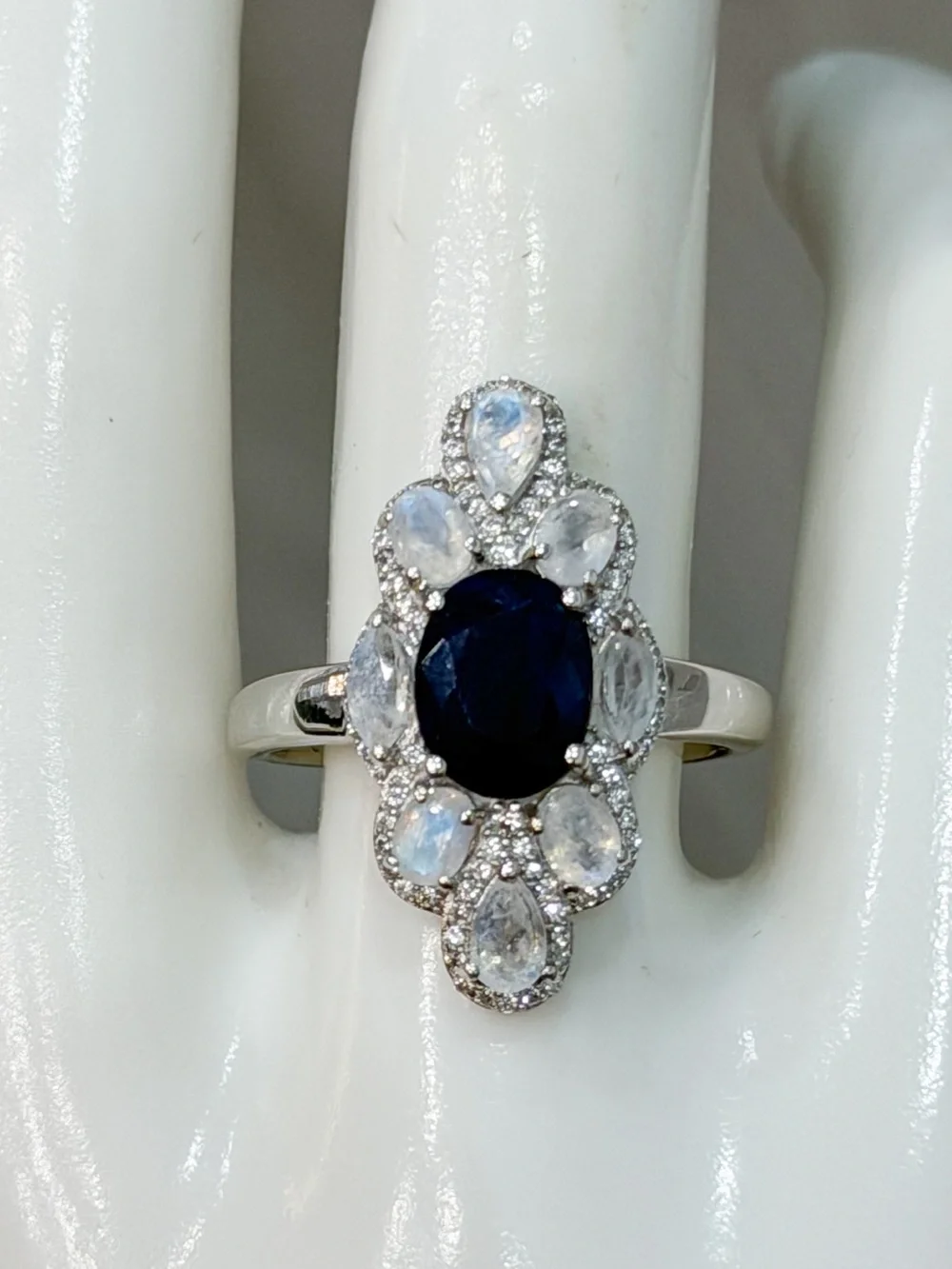 Kanchanaburri Blue Sapphire Moonstone Zircon Sterling Silver Cluster Ring Sz 9